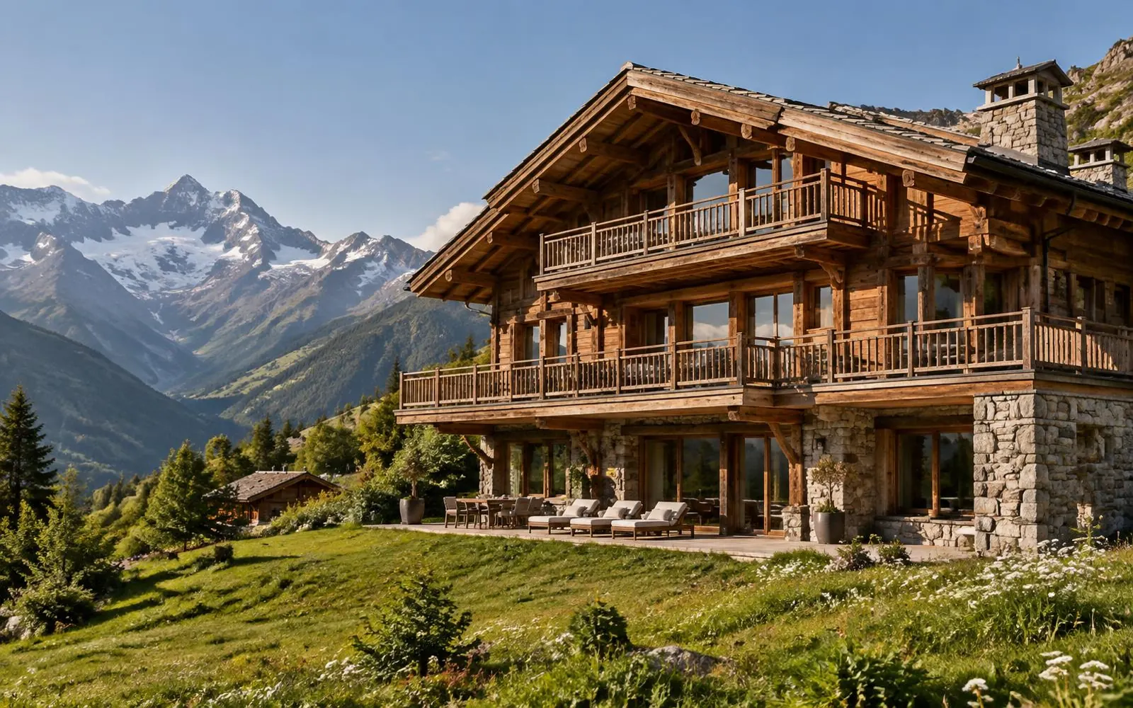 Chalet en bois sur soubassement de pierre face aux montagnes — photo d’illustration
